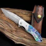 KOMWERO Damascus Pocket Knife, Sharp Damascus Steel Knife with Abalone Shell Handle, EDC Folding Knife for Men Hunting, 60 HRC