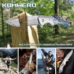 KOMWERO Damascus Pocket Knife, Sharp Damascus Steel Knife with Abalone Shell Handle, EDC Folding Knife for Men Hunting, 60 HRC