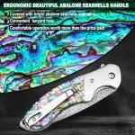 KOMWERO Damascus Pocket Knife, Sharp Damascus Steel Knife with Abalone Shell Handle, EDC Folding Knife for Men Hunting, 60 HRC
