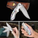 KOMWERO Damascus Pocket Knife, Sharp Damascus Steel Knife with Abalone Shell Handle, EDC Folding Knife for Men Hunting, 60 HRC