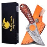 HUNTING HUNTS Predator Hunter - Handmade Damascus Knife with Leather Sheath - For Skinning, Camping, Outdoor - EDC 7” Fixed Blade Bushcraft Knives | Red Black Exotic Wood Handle
