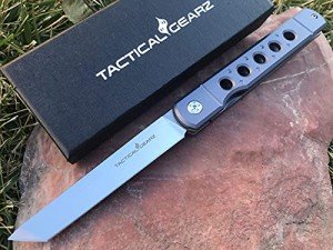 Higonokami Pocket Folding Knife, Titanium Handle, Japanese Style Top Flipper, D2 Steel Tanto Blade, Includes Sheath (Kyoko Blue Steel)