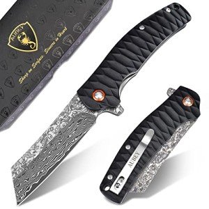 AUBEY Damascus Pocket Knife, 3.34" Damascus Steel Hollow Grind Blade, Folding Knife with Ball Bearing, Aluminum Handle, EDC Knife for Outdoor Camping Hunting