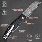 AUBEY Damascus Pocket Knife, 3.34" Damascus Steel Hollow Grind Blade, Folding Knife with Ball Bearing, Aluminum Handle, EDC Knife for Outdoor Camping Hunting