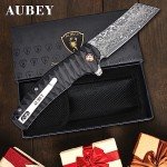 AUBEY Damascus Pocket Knife, 3.34" Damascus Steel Hollow Grind Blade, Folding Knife with Ball Bearing, Aluminum Handle, EDC Knife for Outdoor Camping Hunting