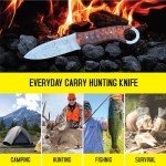 Hunting Knife Damascus Steel EDC Fixed Blade Bushcraft Knife, Full Tang Scout Carry Knife with Leather Sheath, Ideal for Skinning Outdoor Camping, Hunting, Hiking, Survival Knives (Damascus Knife)