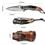 Minowe handmade Japan Damascus steel pocket knife，3.1" VG10 blade men and women Folding knife，With holster，Lining lock，resin and Maple handle，Suitable for EDC outdoor camping，go fishing hunting