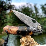Minowe handmade Japan Damascus steel pocket knife，3.1" VG10 blade men and women Folding knife，With holster，Lining lock，resin and Maple handle，Suitable for EDC outdoor camping，go fishing hunting
