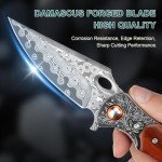 Zingbee Damascus Pocket Knife, 3.27” Damascus Blade EDC Folding Knives with Guibourtia Wooden Handle, Christmas Ideal for Utility Gift