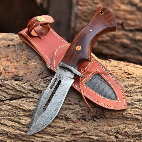 MOHID ENT Handmade Damascus Hunting Knife with Leather Sheath - Ideal for Skinning, Camping, Outdoor - EDC Fixed Blade Bushcraft Knife with Walnut Wood Handle- Horizontal Carry Knives For Men-4002