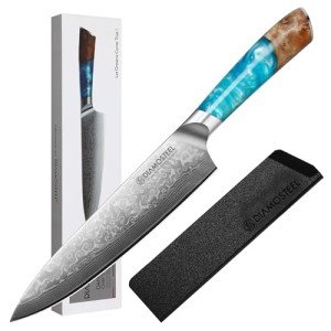 diamosteel Professional Chef Knife 8 Inch, Ultra Sharp Damascus Kitchen Knife with Blue Resin Handle for Meat & Vegetable Cutting, Present Box for Family & Restaurant