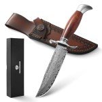 DRACHENADER Damascus Bowie Knife, 10.5 Inch Damascus Knife with Leather Sheath, Handmade Fixed Blade Hunting Knife, Real Damascus Steel with VG10 Core, Wood Handle, Outdoor Bushcraft Knife