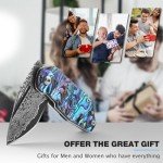 DRACHENADER Small Damascus Pocket Knife for Women and Men Abalone Knife Japanese Keychain Mini Pocket Knife Folding VG10 67 Layers Damascus Steel, birthday Gift Box Included