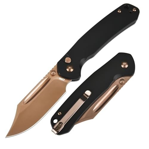 CJRB Bowie Pyrite Pocket Knife, EDC Knife, Folding Knife with 3.15'' AR-RPM9 Steel Rose Gold Blade, Hunting Knife with Clip Steel Handle for Camping, Survival - Suitable for Men & Women - J1942