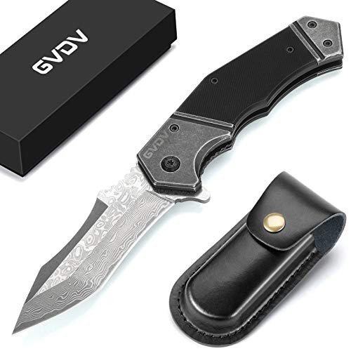 GVDV Damascus Steel Pocket Knife with G10 Handle, Handmade Folding Knife with Leather Sheath for Camping Survival, Knives for Men Dad Husband (Black)