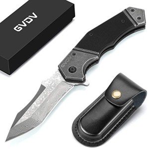 GVDV Damascus Steel Pocket Knife with G10 Handle, Handmade Folding Knife with Leather Sheath for Camping Survival, Knives for Men Dad Husband (Black)