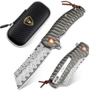 AUBEY Damascus Pocket Knife with Aluminum Handle, 3.14" Damascus Steel Folding Knife, Hollow Grind Blade, EDC Camping Knife for Men Women Gift