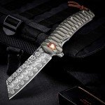 AUBEY Damascus Pocket Knife with Aluminum Handle, 3.14" Damascus Steel Folding Knife, Hollow Grind Blade, EDC Camping Knife for Men Women Gift