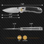 Zingbee Damascus Pocket Knife for Men Women, 3.15" Damascus Steel Blade Pocket Knives & Folding Knives with Carbon Fiber Overlay Handle
