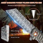 AUBEY Damascus Pocket Knife with Aluminum Handle, 3.14" Damascus Steel Folding Knife, Hollow Grind Blade, EDC Camping Knife for Men Women Gift