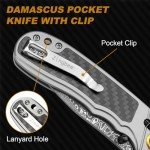 Zingbee Damascus Pocket Knife for Men Women, 3.15" Damascus Steel Blade Pocket Knives & Folding Knives with Carbon Fiber Overlay Handle