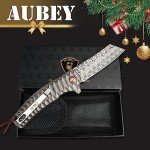 AUBEY Damascus Pocket Knife with Aluminum Handle, 3.14" Damascus Steel Folding Knife, Hollow Grind Blade, EDC Camping Knife for Men Women Gift