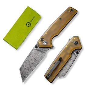 CIVIVI Amirite Pocket Knife, Folding Knife with 3.48" Damascus Modified Wharncliffe Blade Ultem Handle, Button Lock Knife for Men Gift C23028-DS1
