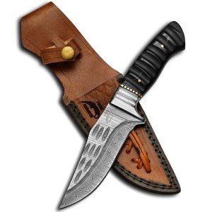 Handmade Skinning Damascus Steel Hunting Knife With Leather Sheath- Full Tang Cool Knives For Outdoor Camping- Best Outdoorsman Gift