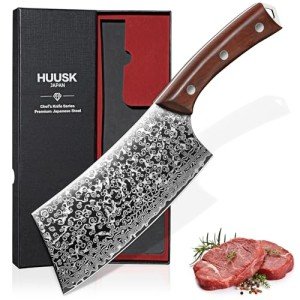 Huusk Meat Cleaver Knife Japanese Kitchen Knife 6.4 Inch, Hand Forged Butcher Knife for Meat Cutting, Vegetable Chopping Knife High Carbon Steel Damascus Pattern Chef Knife Cooking Gift for Men Women
