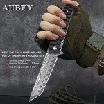 AUBEY Damascus Pocket Knife with Clip, Tanto Blade Damascus Steel Folding Knives for Men Tactical, Aluminum Handle with Glass Breaker for EDC Camping Gift