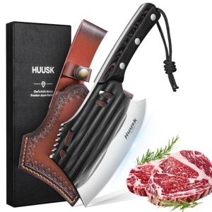 Huusk Butcher Knife for Meat Cutting, Japanese Meat Cleaver Knife with Sheath, Hand Forged Chopping Knife with Full Tang Handle, Heavy Duty Bone Cleaver Knife for Cooking Camping, Gifts Idea Men