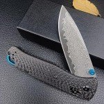 Folding Pocket Knife,Axis Lock Knife,3.15" Damascus Steel Knife, Black Carbon Fiber Handle with Pocket Clip for EDC. (Damascus)