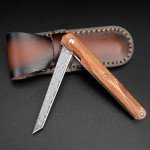 AUBEY Small Damascus Pocket Knife with Sheath, Sharp Tanto Blade Damascus Folding Knife for EDC, Wood Handle, Gift for Men Women