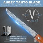 AUBEY Small Damascus Pocket Knife with Sheath, Sharp Tanto Blade Damascus Folding Knife for EDC, Wood Handle, Gift for Men Women