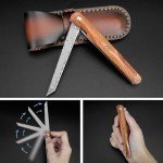 AUBEY Small Damascus Pocket Knife with Sheath, Sharp Tanto Blade Damascus Folding Knife for EDC, Wood Handle, Gift for Men Women