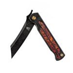 KATSU Camping Pocket Folding Japanese Knife, CPM S35VN Blade, Black Stonewashed Titanium Handle With Mars Valley Fat Carbon Fiber Inlay