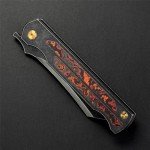 KATSU Camping Pocket Folding Japanese Knife, CPM S35VN Blade, Black Stonewashed Titanium Handle With Mars Valley Fat Carbon Fiber Inlay