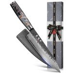 Japanese Chef Knife, 8 Inch Damascus Kitchen Knife with VG10 Steel Core, Professional Black Forged Kitchen Knives with Ergonomic Handle, Leather Sheath and Luxurious Gift Box, Cooking Gifts for Men