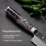 Japanese Chef Knife, 8 Inch Damascus Kitchen Knife with VG10 Steel Core, Professional Black Forged Kitchen Knives with Ergonomic Handle, Leather Sheath and Luxurious Gift Box, Cooking Gifts for Men