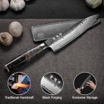 Japanese Chef Knife, 8 Inch Damascus Kitchen Knife with VG10 Steel Core, Professional Black Forged Kitchen Knives with Ergonomic Handle, Leather Sheath and Luxurious Gift Box, Cooking Gifts for Men