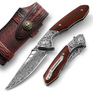DRACHENADER Damascus Pocket Knife for Men with Clip and Leather Sheath, Handcrafted 67-Layer Damascus Steel Folding knife Gentleman's Knives Slim, Wood Handle