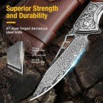 DRACHENADER Damascus Pocket Knife for Men with Clip and Leather Sheath, Handcrafted 67-Layer Damascus Steel Folding knife Gentleman's Knives Slim, Wood Handle