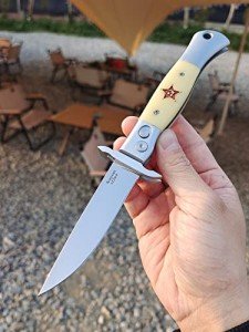 Russian Finka-NKVD KGB Folding Pocket Knife,3.74" Mirror Polished X12M Steel Blade,Aviation Aluminum Inlaid Resin Handle,Cowhide Sheath (Beige handle)