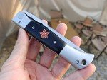 Russian Finka-NKVD KGB Folding Pocket Knife,3.74" Mirror Polished X12M Steel Blade,Aviation Aluminum Inlaid Resin Handle,Cowhide Sheath (Beige handle)