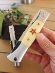 Russian Finka-NKVD KGB Folding Pocket Knife,3.74" Mirror Polished X12M Steel Blade,Aviation Aluminum Inlaid Resin Handle,Cowhide Sheath (Beige handle)