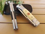 Russian Finka-NKVD KGB Folding Pocket Knife,3.74" Mirror Polished X12M Steel Blade,Aviation Aluminum Inlaid Resin Handle,Cowhide Sheath (Beige handle)