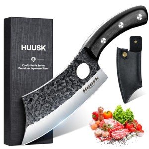 Huusk Knives Japan, Hand Forged Meat Cleaver Knife with Sheath, High Carbon Steel Kitchen Knife for Meat and Vegetables, Full Tang Butcher Knife for Camping, BBQ, Gift for Men Women
