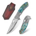 KNOVATET Damascus Pocket Knife with Sheath, Handmade Forged 3.35" VG10 Damascus Steel Blade Folding Knife with Abalone Shell Handle, EDC Camping Knives for Outdoor Indoor, Ideal Gifts for Women Men