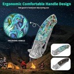 KNOVATET Damascus Pocket Knife with Sheath, Handmade Forged 3.35" VG10 Damascus Steel Blade Folding Knife with Abalone Shell Handle, EDC Camping Knives for Outdoor Indoor, Ideal Gifts for Women Men