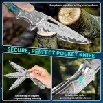KNOVATET Damascus Pocket Knife with Sheath, Handmade Forged 3.35" VG10 Damascus Steel Blade Folding Knife with Abalone Shell Handle, EDC Camping Knives for Outdoor Indoor, Ideal Gifts for Women Men